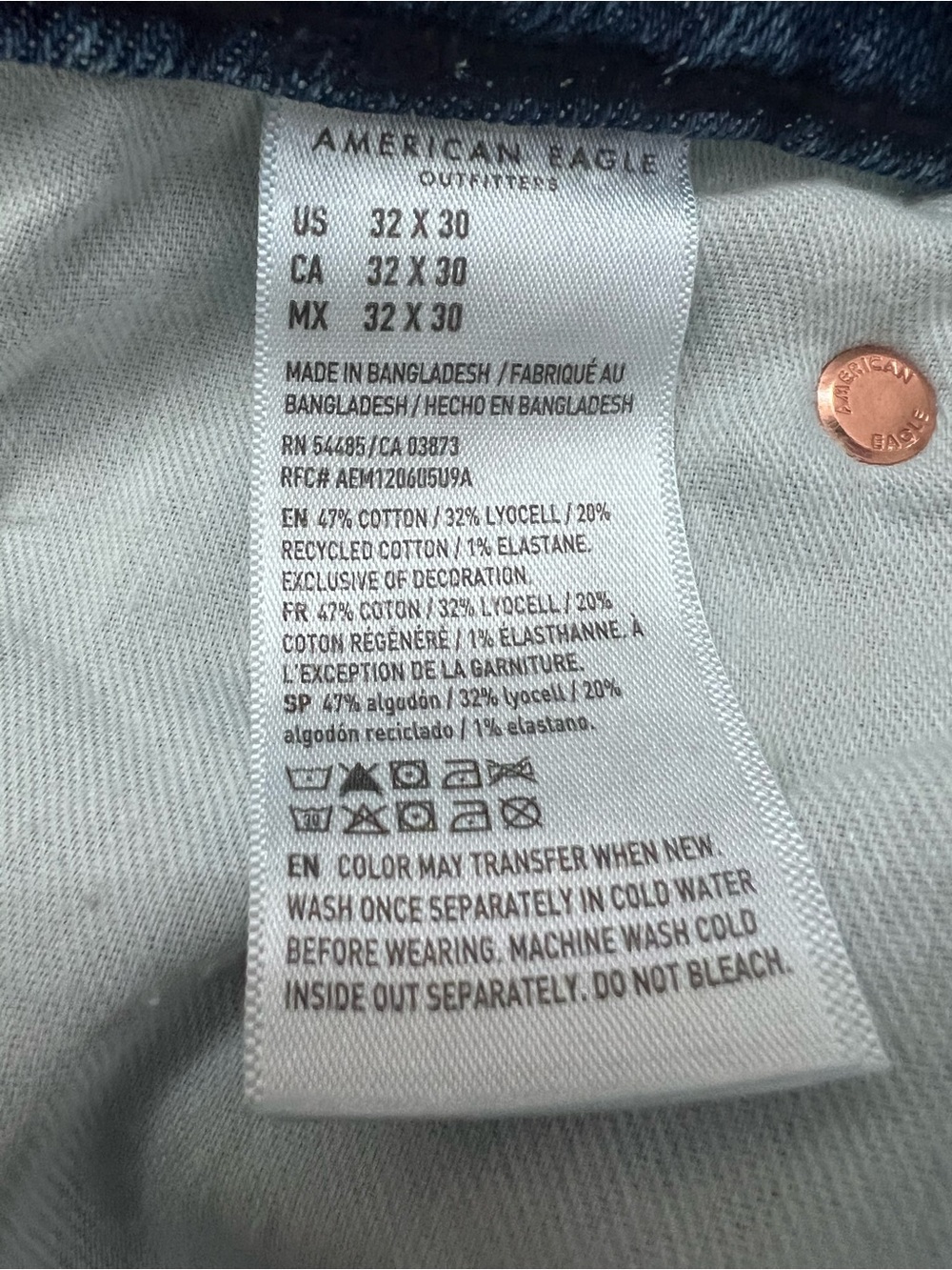 American Eagle Men's Slim Straight Blue Jeans Size 32x30 LN - Picture 4 of 4